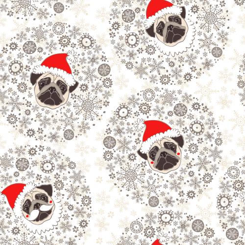 Snowflake. Vector cute poodle faces in new year hats in a circle of snowflakes on white