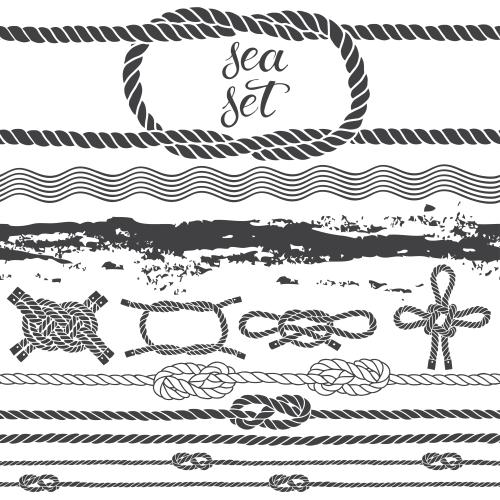 Illustration nautical theme collection: waves, ropes, nautical knots on white