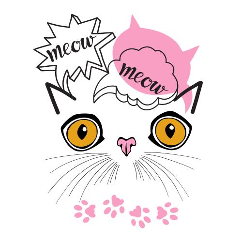 Illustration cartoon cat face meow text paw prints composition on white