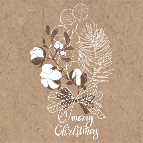 Eucalyptus. Vector bouquet of coniferous branch eucalyptus cotton and mistletoe with a bow merry christmas inscription on craft