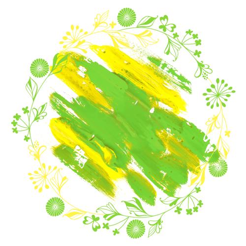Vector image round frame made of decorative flowers plants butterflies with a painting-like yellow-green spot in the middle