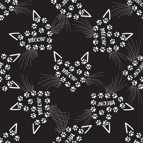 Illustration stylized cat faces on black