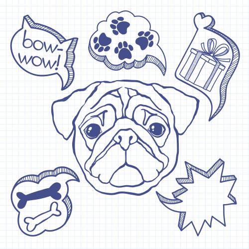 Notebook. Vector pug head dialogue bubbles with various symbols on a lined notebook page