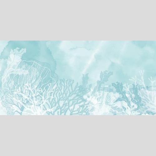 Card. Vector seaweed and corals place for text on blue watercolor