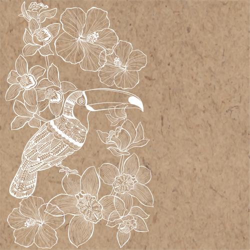 Orchid. Vector toucan among hibiscus and orchids on craft