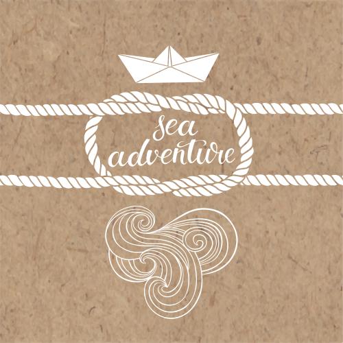 Rope. Vector sea knot paper ship waves text sea adventure on craft