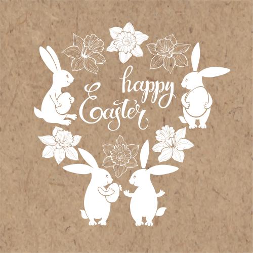 Egg. Vector cute rabbits with easter eggs, daffodils, happy easter inscription on craft