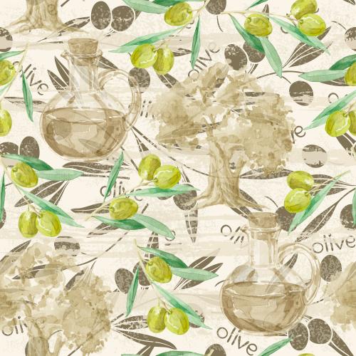 Raster image olive branches with fruits, olive trees, bottles with olive oil, labels olive on textured light