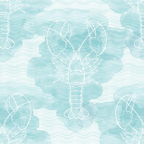 Lobster. Vector lobsters waves on blue watercolor fragments on white