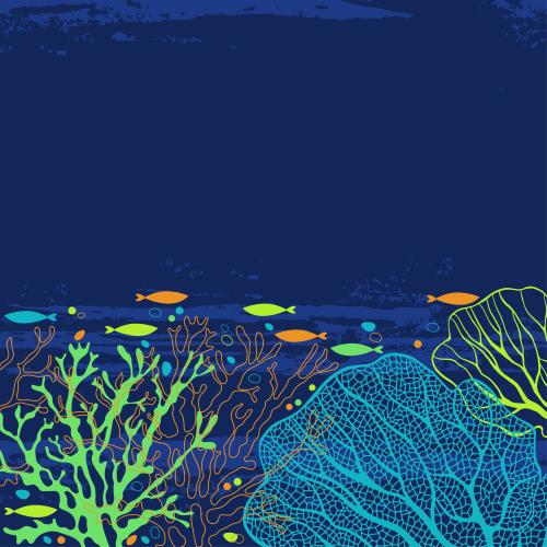 Beach. Vector corals seaweed waves colorful fish blue text area