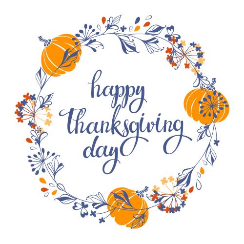 Vector image wreath of decorative plants, pumpkin and inscription happy thanksgiving day on white