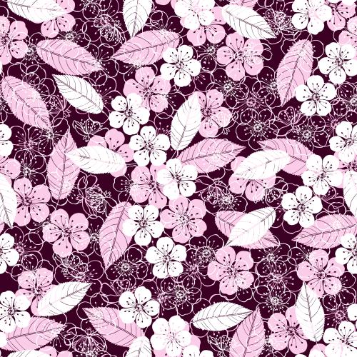 Sakura. Vector flowers and cherry leaves white-pink on burgundy