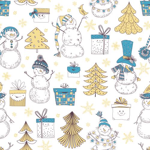 Snowman. Vector cartoon snowmen cute gift boxes treelets and snowflakes on white