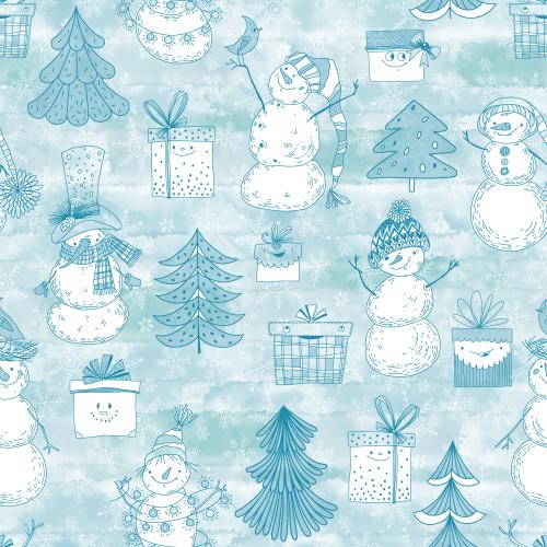 Vector image cartoonish snowmen christmas trees gifts and snowflakes on a blue watercolor