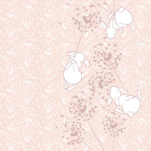 Dandelion. Vector cartoon bunnies flying on dandelions on a soft peach background with white dandelions