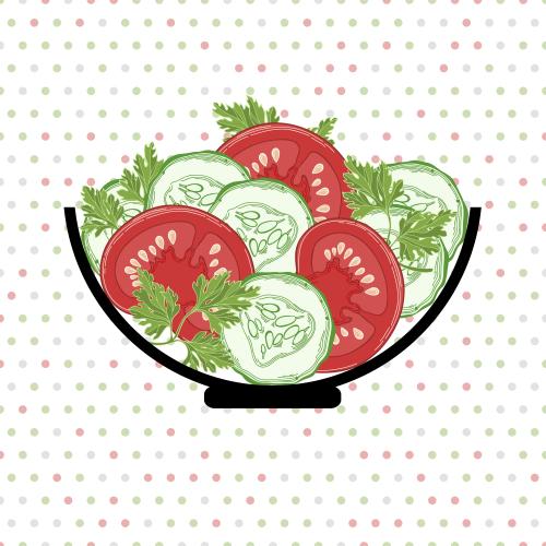 Parsley. Vector salad of tomatoes, cucumber and parsley in a bowl on a checkered field