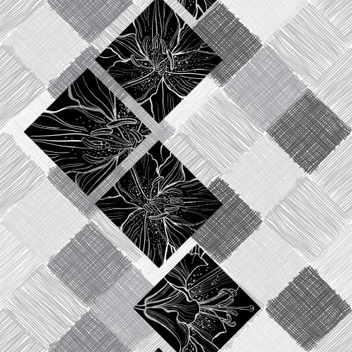 Lily. Vector fragments of lilies in black squares on monochrome striped and checkered squares