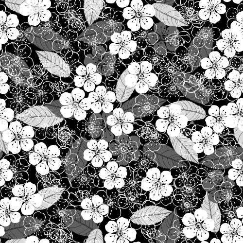 Sakura. Vector flowers and cherry blossom leaves on black