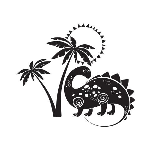 Sun. Vector composition with a cartoonish dinosaur, palm, and sun on white