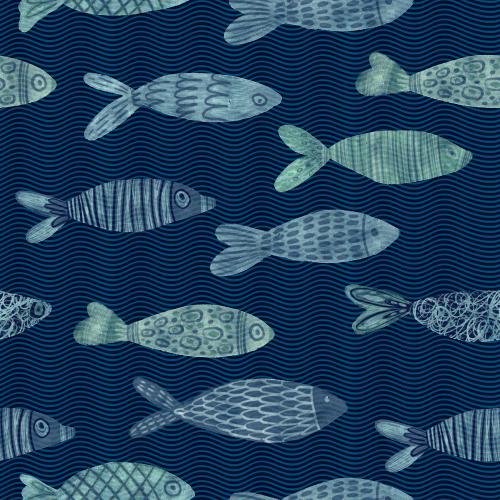 Raster image decorative fish, waves on blue