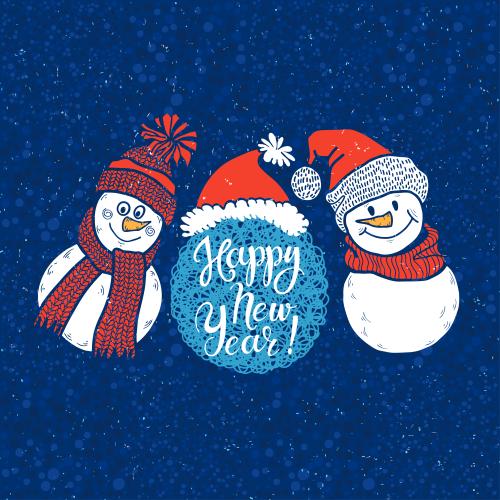 Snowman. Vector cute cartoon-style snowmen, message happy new year on blue checkered