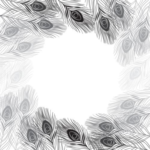 Feather. Vector round frame of monochrome peacock feathers