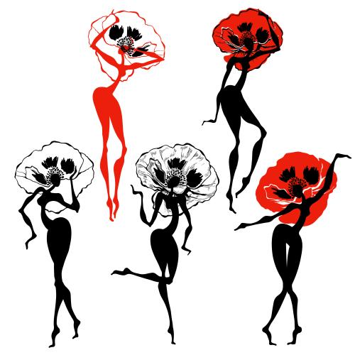 Poppy. Vector dancing women poppies on white