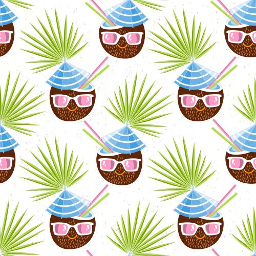 Cocktail. Vector cartoonish coconut cocktails in sunglasses and palm leaves on white in colored dots