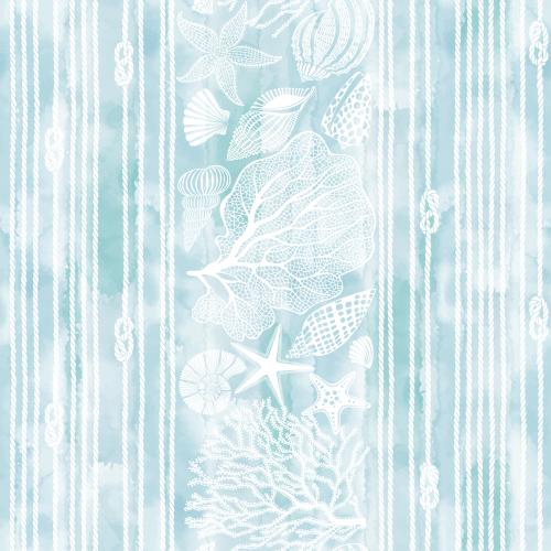 Scallop. Vector sea stars, shells, nautilus, corals, ropes, ropes with sea knots on a blue watercolor
