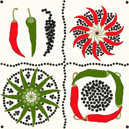 Pepper. Vector compositions with spicy and black pepper on light