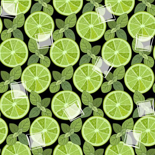 Vector for cards Printing lime slices mint leaves and ice cubes on black