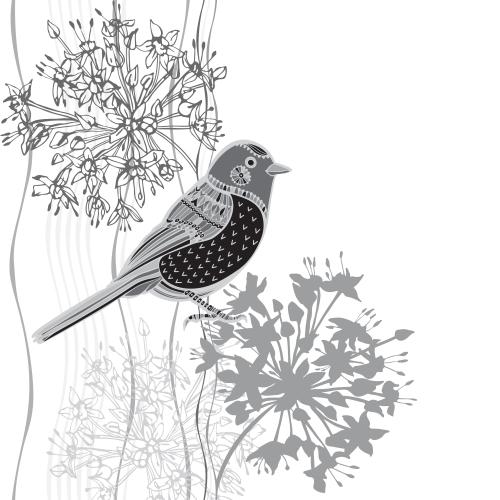 Vector image monochromatic bird, vertical wavy lines with flower clusters on white