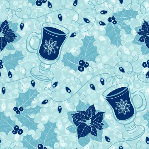 Anise. Vector glasses with mulled wine, garlands, hellebore and poinsettia on blue checkered