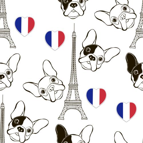 Eiffel tower. Vector muzzles of french bulldogs eiffel tower french flag in the shape of a heart on white