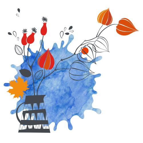 Maple leaf. Vector bouquet with autumn plants and berries in a pitcher blue watercolor splash on white