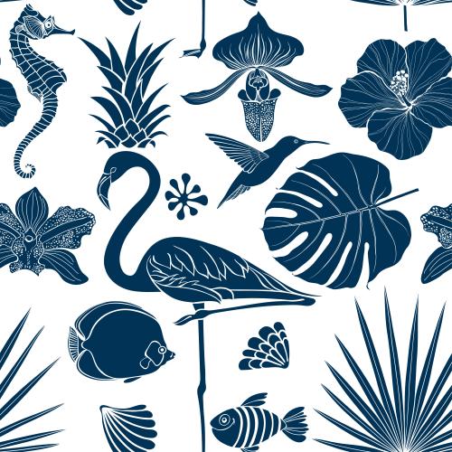 Hibiscus. Vector flamingo hummingbird seahorse fish shells orchids hibiscus palm leaves blue silhouettes on white