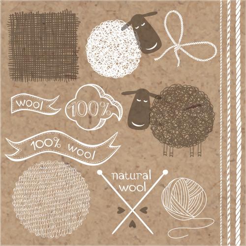 Vector image graphic elements and symbols on the theme of wool and knitting on craft
