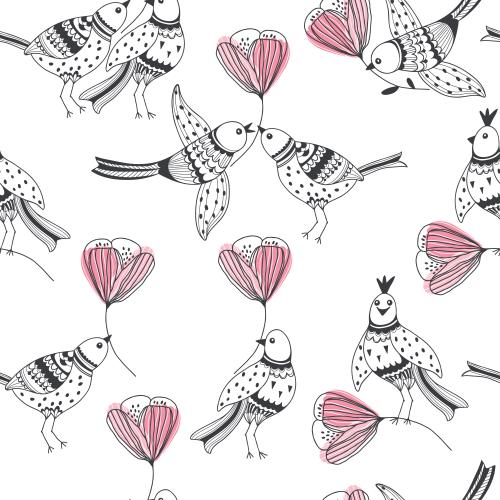 Valentine. Vector Pattern stylized birds with flowers, colored fragment in the shape of a heart on white