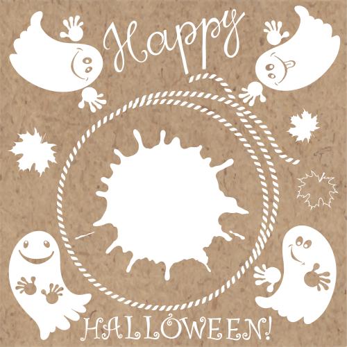 Blot. Vector round rope frame, cute ghosts, maple leaves, ink blot, inscription happy halloween on craft paper