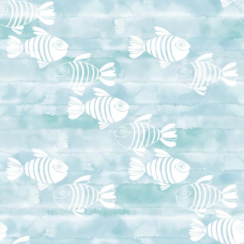 Vector image cartoon fish, white outlines and silhouettes on blue watercolor