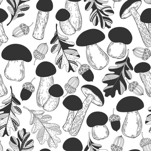 Vector image stylized mushrooms, acorns and oak leaves on white