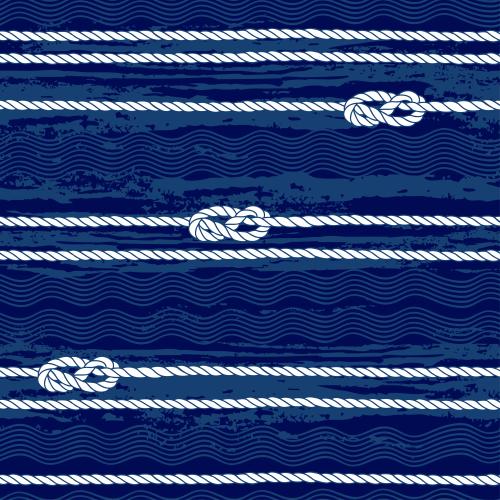 Illustration horizontal ropes with nautical knots waves on blue