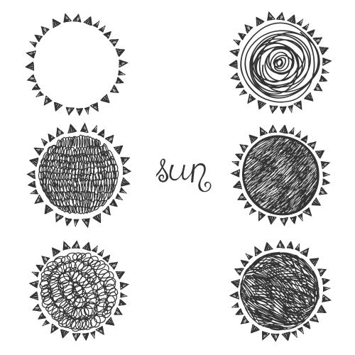 Sun. Vector sun, six options on white