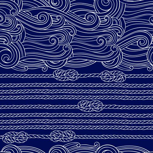 Illustration decorative waves, naval ropes, ropes with nautical knots on blue
