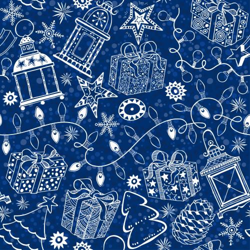 Bow. Vector gifts garland lanterns snowflakes pine cones stars christmas trees on blue polka dots