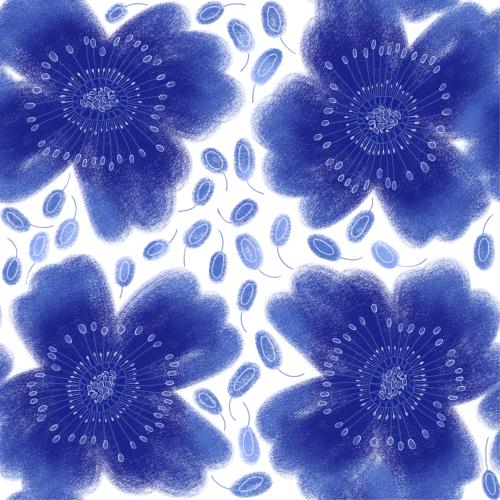 Raster image blue flowers, decorative leaflets on white