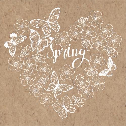Spring. Vector composition in the shape of a heart with butterflies flowers and the word spring on craft