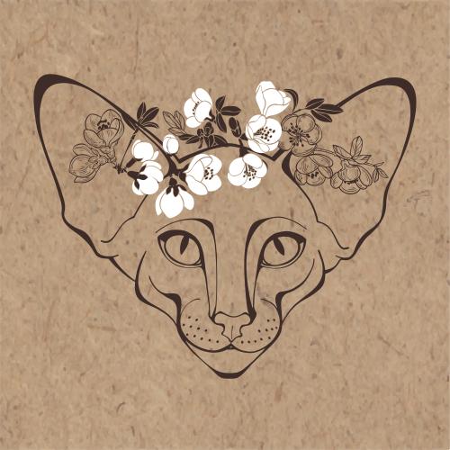 Oriental cat. Vector oriental cat, cute face and blooming branch of japanese quince on craft