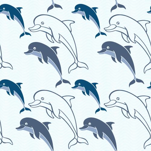 Striped. Vector dolphins on blue waves