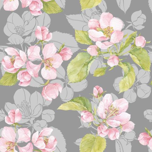 Raster image watercolor apple tree flowers and light gray silhouettes on gray
